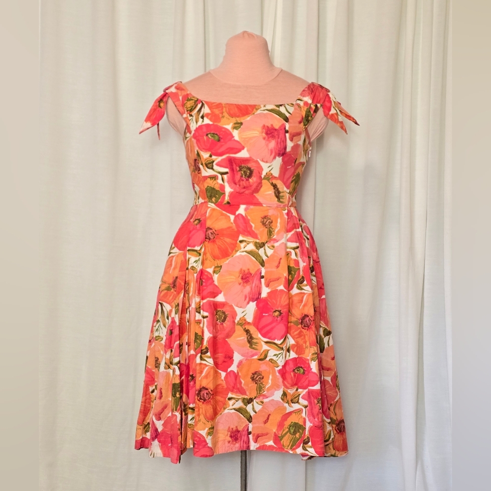 Floral Tie-Shoulder Midi Dress in Pink and Orange